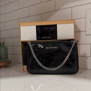 NWT Michael Kors Black Patent Clutch with Chain & Card Holder